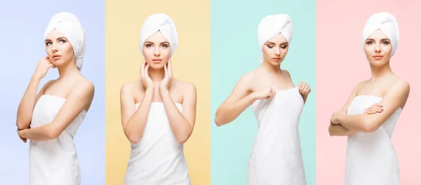 Young Beautiful Natural Woman Wrapped Towel Set Collection Collage — 图库照片