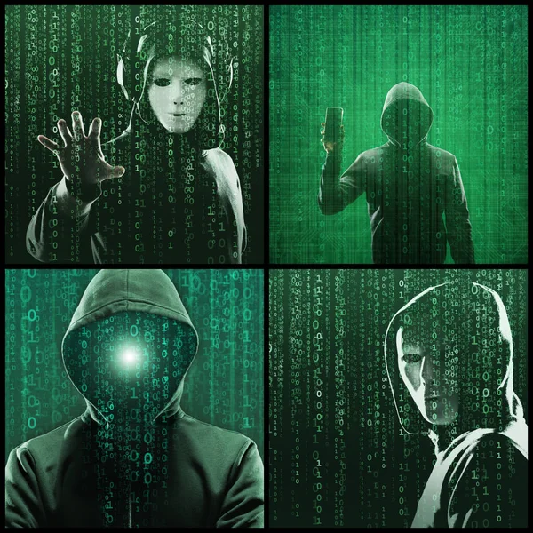 Retrato Del Hacker Con Capucha Cara Oscura Oscura Concepto Ladrón — Foto de Stock
