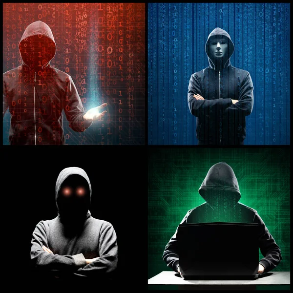 Portrait of computer hacker in hoodie. Obscured dark face. The concept of data thief, internet fraud, darknet and cyber security.