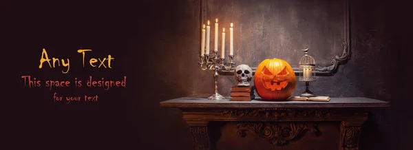 Halloween Bakgrund Med Kopieringsutrymme För Text Läskig Pumpa Och Gammal — Stockfoto