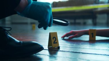 Detective Collecting Evidence in a Crime Scene. Forensic Specialists Making Expertise at Home of a Dead Person. The Concept of Homicide Investigation by Professional Police Officer.