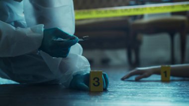 Detective Collecting Evidence in a Crime Scene. Forensic Specialists Making Expertise at Home of a Dead Person. The Concept of Homicide Investigation by Professional Police Officer.