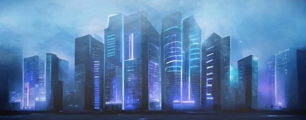 Futuristische Moderne Grote Stad Met Wolkenkrabbers Neonlichten Technologie Toekomstig Concept — Stockfoto