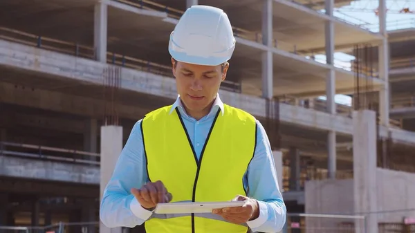 Professional Builder Standing Front Construction Site Foreman Hardhat Helmet Vest — Stock Photo, Image