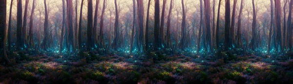 Fantasiebos Met Grote Bomen Lichten Tegen Lucht Gedeeltelijk Gegenereerd Door — Stockfoto