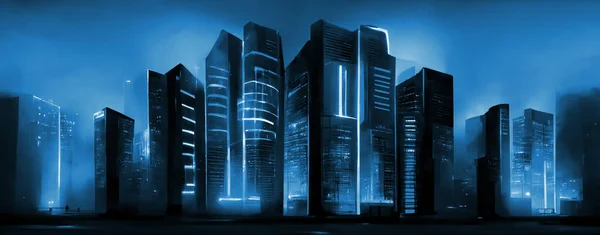 Futuristische Moderne Großstadt Mit Wolkenkratzern Und Neonlichtern Technologie Und Zukunftskonzept — Stockfoto
