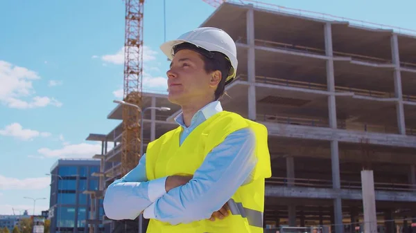 Professional Builder Standing Front Construction Site Foreman Hardhat Helmet Vest — Stock Photo, Image