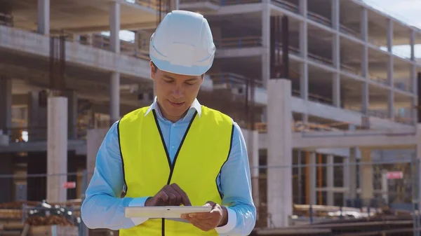 Professional Builder Standing Front Construction Site Foreman Hardhat Helmet Vest — Stock Photo, Image