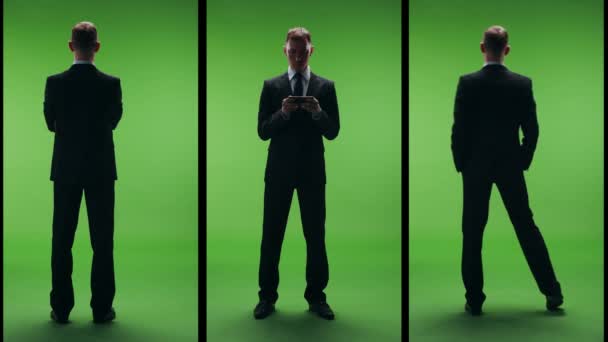 Business Man Strict Business Suit Green Screen Set Collage Three — Stock Video