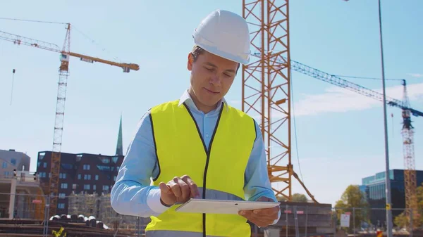 Professional Builder Standing Front Construction Site Foreman Hardhat Helmet Vest — Stock Photo, Image