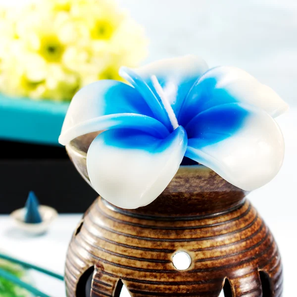 Conjunto de aromaterapia com vela de flor e incenso — Fotografia de Stock