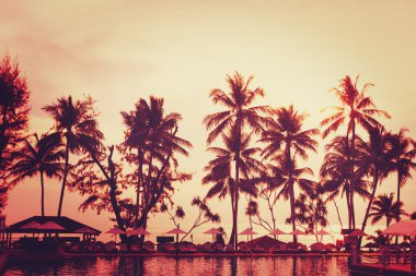 Tropikal plaj manzarası. Palm ağacı ve kırmızı günbatımı gökyüzü.