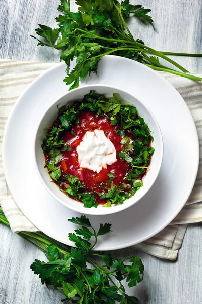 Borsch de sopa russo com salsa — Fotografia de Stock