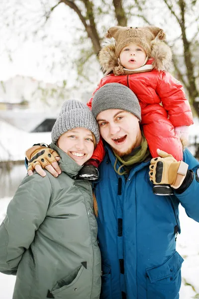 Portrait Happy Family One Kid Winter Casual Outfit Posing Outdoors — Stock Photo, Image