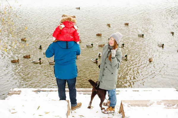 Full Höjd Familj Porträtt Med Unge Och Hund Vinter Casual — Stockfoto