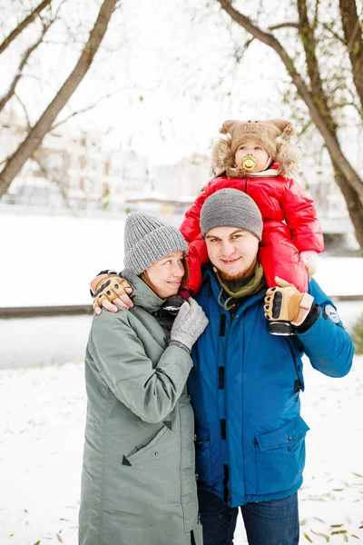 Portrait Happy Family One Kid Winter Casual Outfit Posing Outdoors — Stock Photo, Image