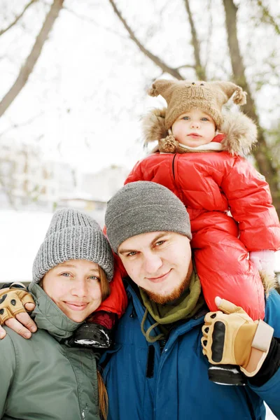 Close Happy Family One Kid Winter Casual Outfit Posing Outdoors — Stock Photo, Image