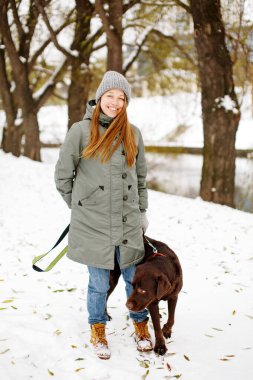 Kahverengi köpek Labrador Retriever ile gülümseyen genç bir kadın kışlık sıcak kıyafetiyle dışarıda kar parkında yürüyor, tüm vücuduyla kameraya bakıyor.