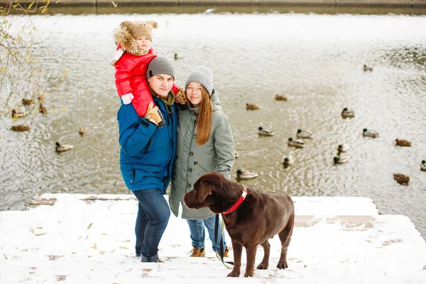 Full Height Family Portrait One Kid Dog Winter Casual Outfit — Stock Photo, Image