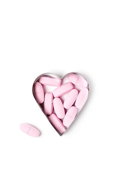 Pink Organic Vitamin Tablets Heart Shaped Form White Background Healthy — Fotografia de Stock