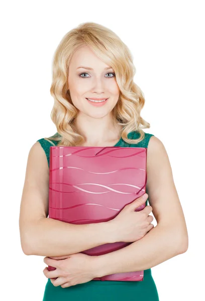 The beautiful blonde keeps the red folder in a green dress — Stock Photo, Image