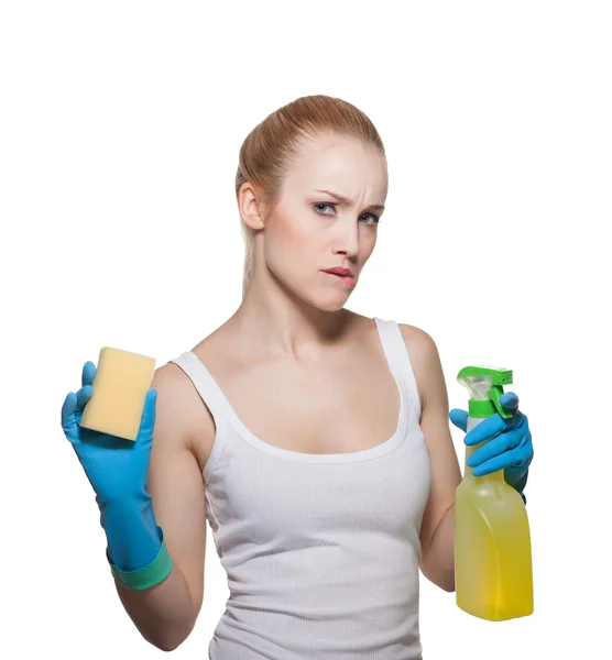 The tired beautiful girl in gloves and a sponge — Stock Photo, Image