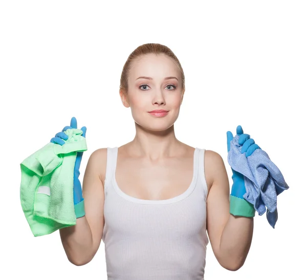 La hermosa rubia con guantes y trapos para limpiar — Foto de Stock