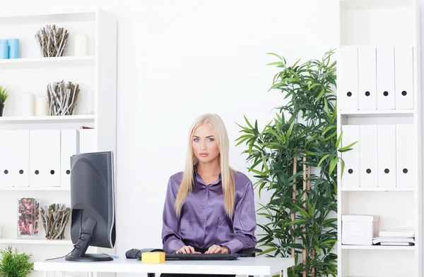 Молодая красивая деловая женщина, работающая с компьютером — стоковое фото
