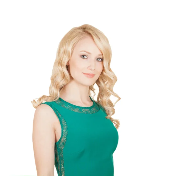 Beautiful blonde in a green dress isolation — Stock Photo, Image