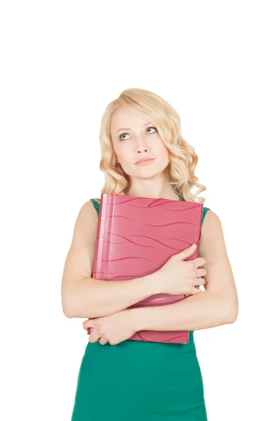 Beautiful blonde keeps the red folder in a green dress — Stock Photo, Image