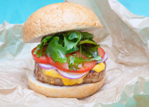 Hamburger cheese onions sauce tomatoes on paper — Stock Photo, Image