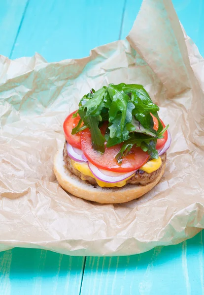Hamburger cheese onions sauce tomatoes on paper — Stock Photo, Image