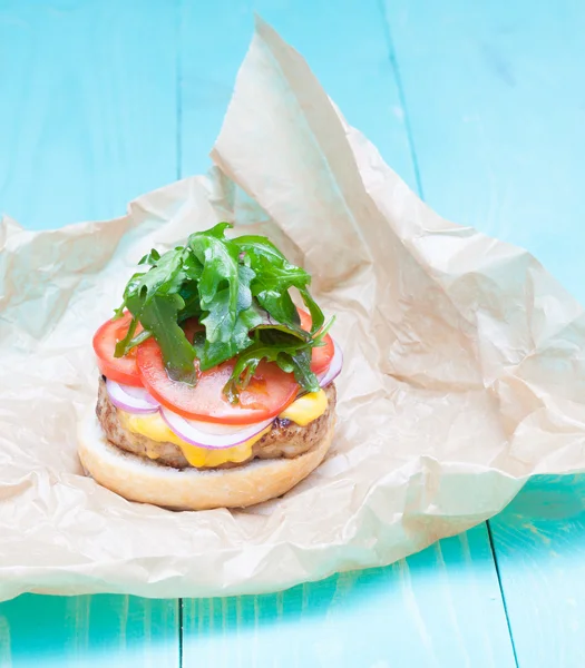 Hamburger cheese onions sauce tomatoes on paper — Stock Photo, Image