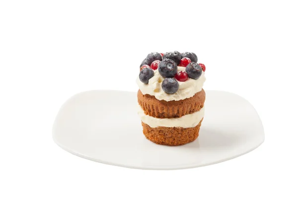 Tasty beautiful fruitcake with cream and berries on a plate. isolated background — Stock Photo, Image