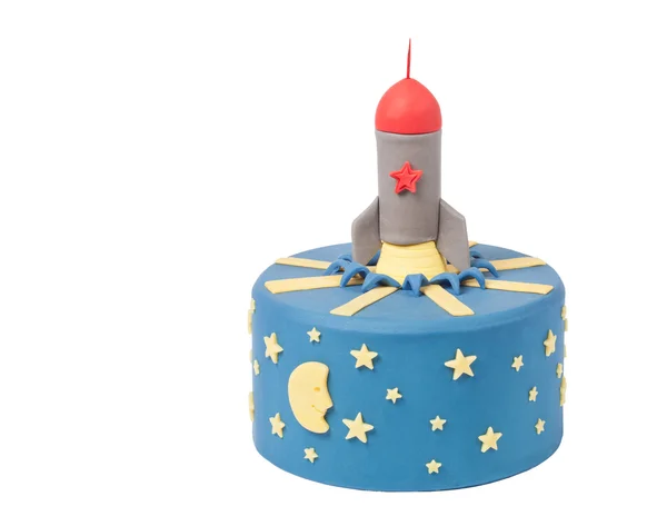 Velmi pěkný koláč pro chlapce s raketa na měsíc a hvězdy. izolované pozadí — Stock fotografie