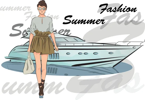Verão menina da moda com barco no fundo —  Vetores de Stock