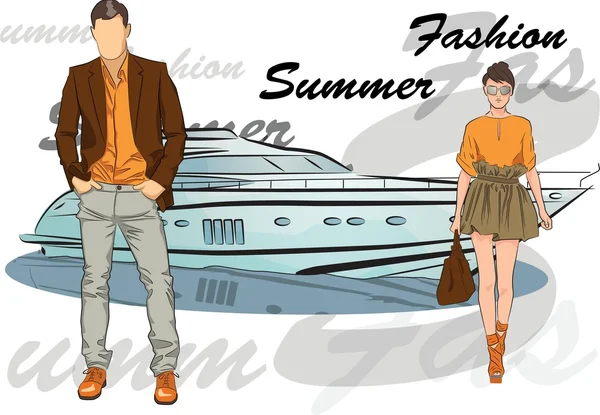 Moda erkek ve kız teknede arka plan ile — Stok Vektör