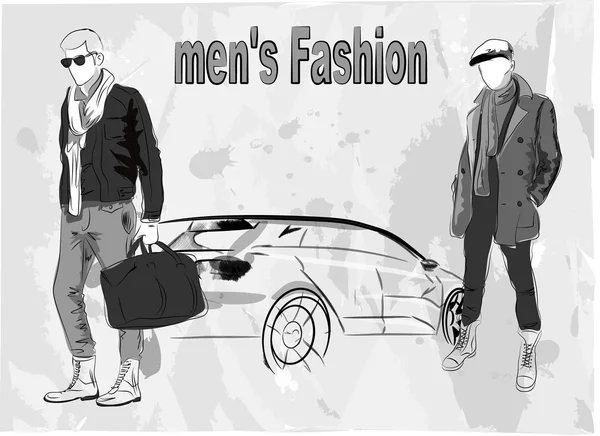 El bosquejo vectorial de los hombres a la moda, el fondo — Vector de stock