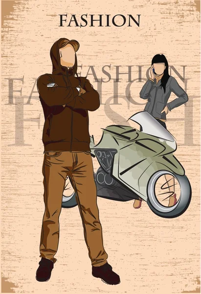 Hombre de moda en el fondo con moto — Vector de stock