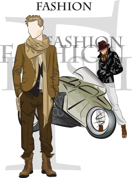 Fashion man on background with motorbike — Stock Vector