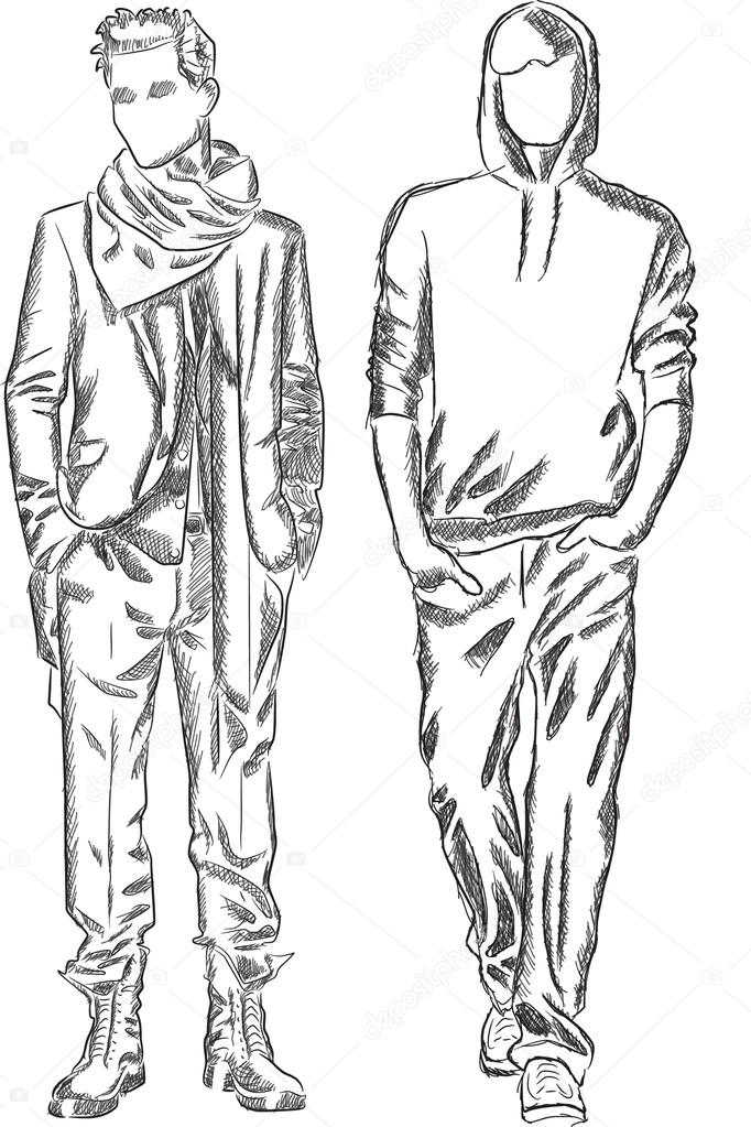 Vector sketch of fashionable men, the background