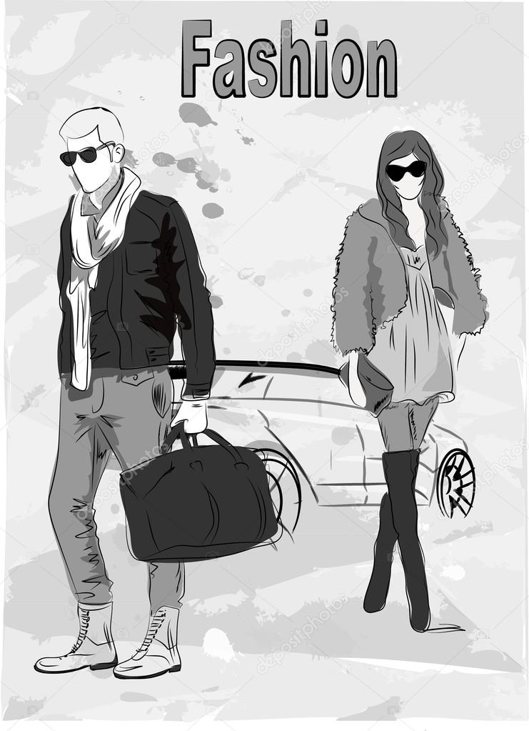 Vector sketch of fashionable men, the background
