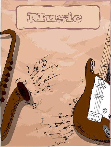 Fondo musical con guitarra eléctrica y saxofón — Vector de stock