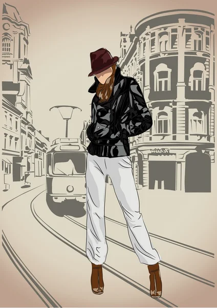 Chica de moda en el fondo de la calle — Vector de stock