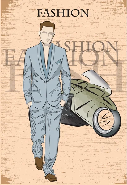 Hombre de moda en el fondo con moto — Vector de stock