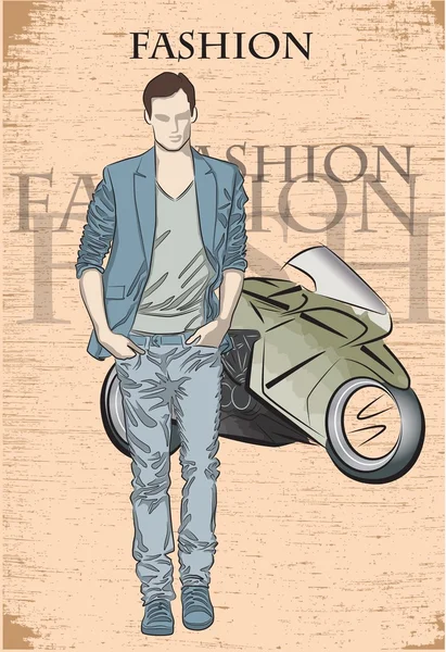 背景のバイクでファッション男 — ストックベクタ