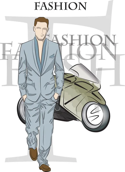 Fashion man on background with motorbike — Stock Vector