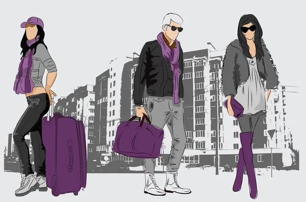 Croquis vectoriel d'hommes et de femmes à la mode sur fond de ville — Image vectorielle