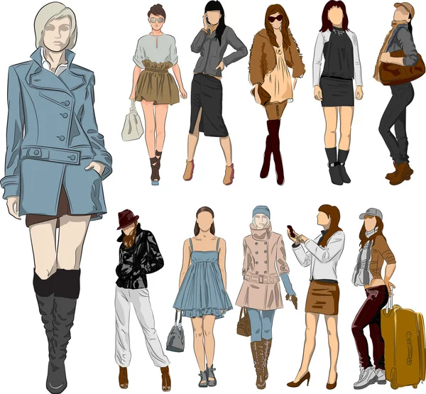 Reihe von Mode-Mädchen — Stockvektor
