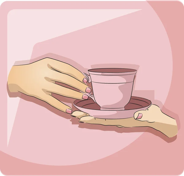 Manos con taza y platillo — Vector de stock